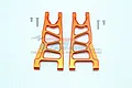 Two orange anodized aluminium front lower suspension arms for an RC car, shown with four small metal screws on a white background.