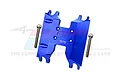 A blue anodized aluminium chassis skid plate for an RC car, featuring the GPM logo and 7075 marking, shown with two mounting screws.
