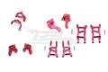 A set of red anodized aluminium RC car upgrade parts including suspension arms, steering hubs, and rear hubs from GPM Racing.