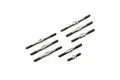 A set of eight silver-colored metal RC turnbuckles of varying lengths arranged on a plain white background.