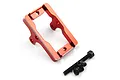 A red anodized aluminium servo mount for an RC car, shown with four black metal screws on a white background.