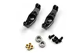 Two black aluminium C-hubs for RC cars, accompanied by four small brass bushings, two ball bearings, and four black screws on a white background.