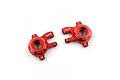 Two red anodized aluminium steering hubs for RC cars with the Yeah Racing logo engraved on the surface.