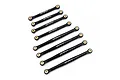 A set of eight black aluminium RC suspension links of varying lengths, each with brass pivot balls at the ends, arranged diagonally on a white background.