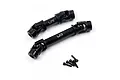Two black steel RC centre driveshafts with universal joints and a small set of screws on a white background.