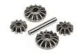 HPI Racing differential bevel gear set including four metal gears and one metal cross shaft on a white background.
