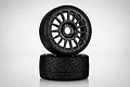 Two Jetko 1/8 scale Hot Dot belted buggy tyres mounted on black Radia rims, stacked against a white background.