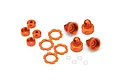 A set of orange anodized aluminium shock absorber parts for HPI RC vehicles, including caps, collars, and small washers.