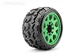 A single Jetko Tomahawk SGT belted RC tyre mounted on a bright green multi-spoke wheel against a white background.