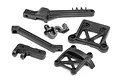 A set of black plastic RC car body mounts and chassis braces from HPI Racing, arranged on a white background.