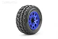 A single Jetko 3.6 inch Tomahawk MT belted tyre mounted on a blue metal Claw rim against a white background.