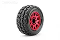 Jetko 3.6 inch Tomahawk MT belted tyre mounted on a red metal Claw rim, shown at an angle on a white background.