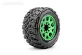 Jetko 3.6" King Cobra MT Medium Soft Belted Tyres on Metal Green Claw Rims - Glued Wheels 2Pcs JKO1802CGMSGBB1