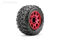 A single Jetko King Cobra MT belted RC monster truck tyre mounted on a red metal Claw rim against a white background.