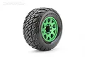 A single Jetko Rockform MT belted RC monster truck tyre mounted on a bright green metal Claw rim against a white background.