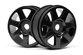 Two black HPI V7 RC buggy rims shown from a front-facing angle against a white background.