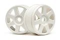 Two white HPI Racing V7 RC buggy wheels shown from a front-facing angle against a white background.