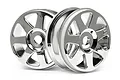 A pair of HPI Racing 3.3 inch V7 chrome-plated RC buggy wheels against a white background.