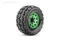 A single Jetko 2.8 inch Tomahawk MT monster truck tyre mounted on a metallic green Claw rim against a white background.