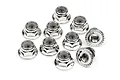 Ten silver-colored 4mm flanged serrated nyloc nuts arranged on a white background.