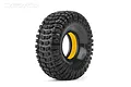 A single Jetko 2.2 inch Conqueror crawler tyre with a yellow foam insert visible inside, set against a plain white background.
