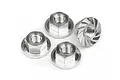 Four silver 4mm flanged serrated nuts for RC cars arranged on a white background.