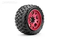 A single Jetko King Cobra XMT belted RC tyre mounted on a metallic red Claw rim, shown against a white background.