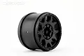 A single matte black Jetko 3.8-inch RC monster truck wheel rim shown from a three-quarter angle against a white background.