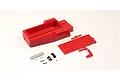 Kyosho red radio box set including a main plastic housing, lid, metal hardware, and screws on a white background.