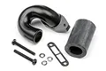 HPI Racing exhaust header set including a black curved header, rubber coupler, gasket, two screws, and three washers on a white background.
