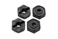 Four black plastic 12mm wheel hex adapters for RC vehicles, shown from both front and back sides.
