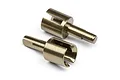 Two metallic gold-coloured RC differential outdrives shown from a high angle against a white background.