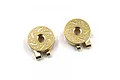 Two gold-coloured brass weighted steering hubs for RC cars, featuring a simulated brake disc design with drilled holes and curved slots.