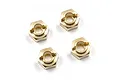 Four gold-coloured brass wheel hex adapters for RC cars arranged on a white background.