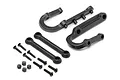 HPI Baja 5SC Mud Flap Mount Set including two black plastic mounts, two support bars, and various screws and nuts on a white background.
