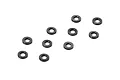 Ten small black circular aluminium shims arranged on a white background.