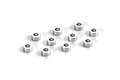 A set of ten small silver-coloured cylindrical aluminium shims arranged on a white background.