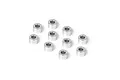 Ten small silver-coloured cylindrical aluminium shims arranged on a white background.