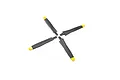 Four individual black RC airplane propeller blades with yellow tips arranged in a cross pattern on a white background.