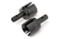 Two black metal differential outdrive cups for HPI Baja RC vehicles, shown from an angled perspective against a white background.