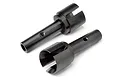 Two black metal drive axle cups for HPI Baja RC vehicles, shown from an angled perspective on a white background.