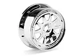 A single chrome-plated RC truck rim for HPI Baja 5T/5SC, featuring a multi-spoke design and beadlock-style detailing.