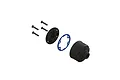 Exploded view of an ARRMA differential case set including a black housing, a black cover plate, a blue gasket, and four screws.