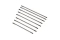 A set of eight identical silver-coloured metal threaded suspension link rods arranged diagonally on a white background.