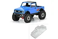 A composite image showing a painted blue Pro-Line Sumo RC truck body on a chassis and an unpainted clear polycarbonate body shell.
