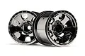 Two HPI Warlock 2.2 inch RC truck rims with a reflective black chrome finish, shown from a front-facing angle against a white background.