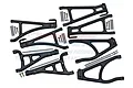 A set of black aluminium RC suspension arms by GPM Racing, including various mounting pins and screws, arranged on a white background.