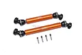 Two orange aluminium RC driveshafts with black universal joints and four small metal grub screws on a white background.