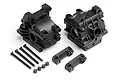 HPI Savage XS gearbox case set including two black plastic gearbox housings, two mounting brackets, four long screws, and four lock nuts.