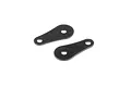 Two black, teardrop-shaped flat metal suspension braces with two holes each, isolated on a white background.